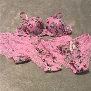 Victoria’s Secret Pink Floral Lace Bra and Panty Set